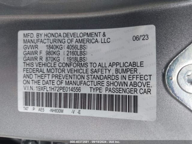 19XFL1H72PE014556 Honda Civic Ex-l /ex-l W/o Bsi