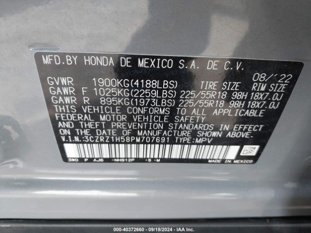 3CZRZ1H58PM707691 Honda Hr-v 2wd Sport