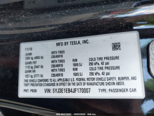 5YJ3E1EB4JF170007 Tesla Model 3 Long Range/performance