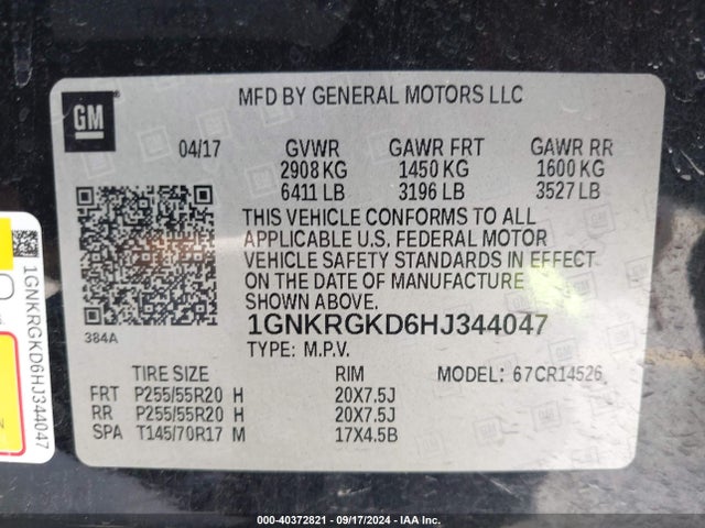 Chevrolet Traverse 1lt 2017 1GNKRGKD6HJ344047 Image 9