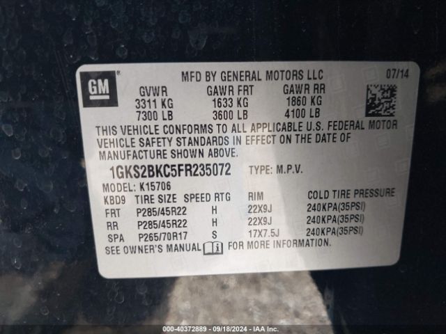 1GKS2BKC5FR235072 GMC YUKON SLT