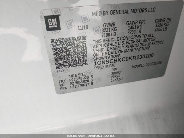 1GNSCBKC0KR230100 Chevrolet Tahoe Lt