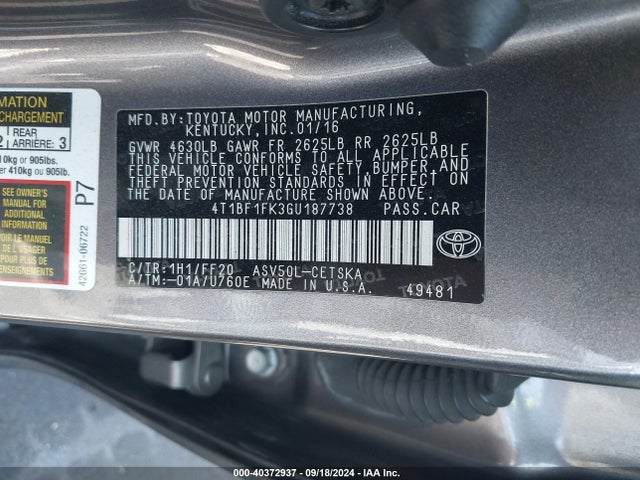 Toyota CAMRY SE 2016 4T1BF1FK3GU187738 Image 9