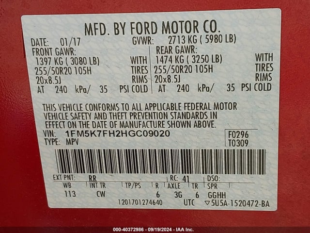 1FM5K7FH2HGC09020 Ford Explorer Limited