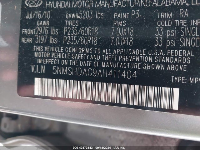 2010 Hyundai Santa Fe Se მანქანა იყიდება აუქციონზე, vin: 5NMSHDAG9AH411404, აუქციონის ნომერი: 40373143