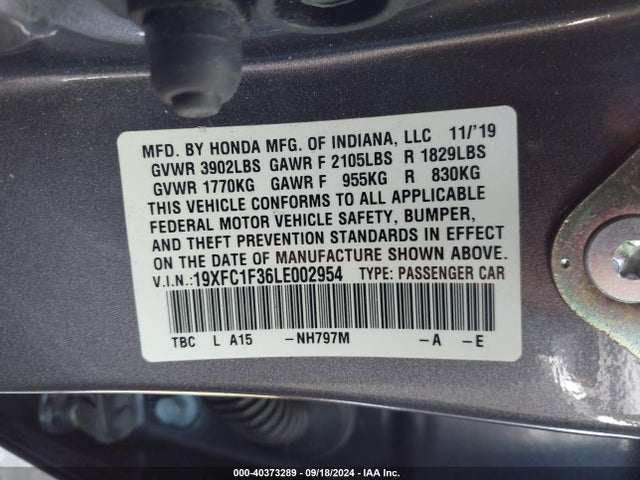 Honda CIVIC EX 2020 19XFC1F36LE002954 Image 9