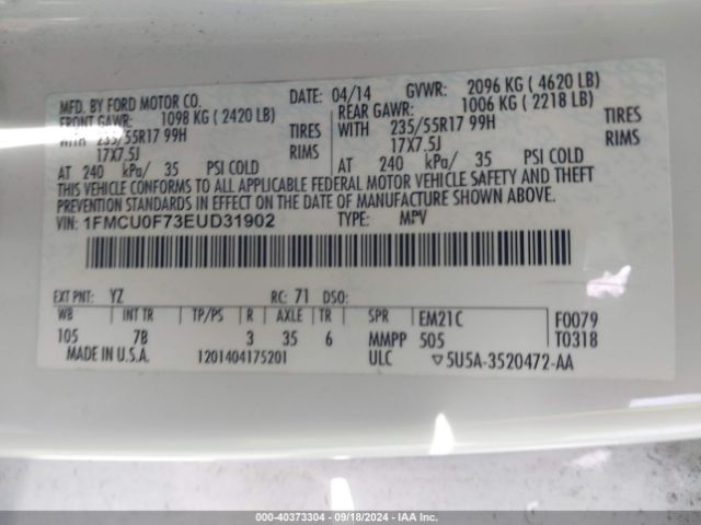 1FMCU0F73EUD31902 Ford ESCAPE S