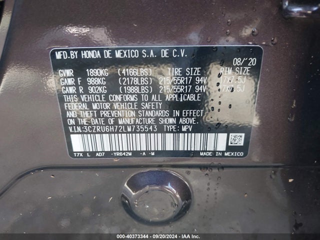 Honda Hr-v Awd Ex-l 2020 3CZRU6H72LM735543 Image 9