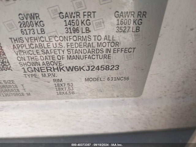 Chevrolet Traverse Lt Leather 2019 1GNERHKW6KJ245823 Image 9