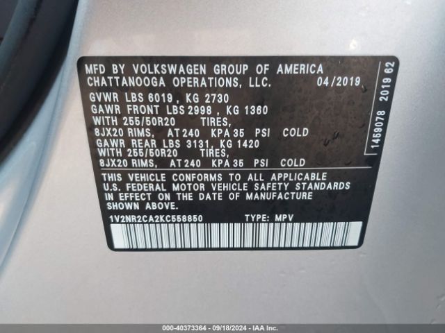 1V2NR2CA2KC558850 Volkswagen Atlas 3.6l V6 Sel Premium