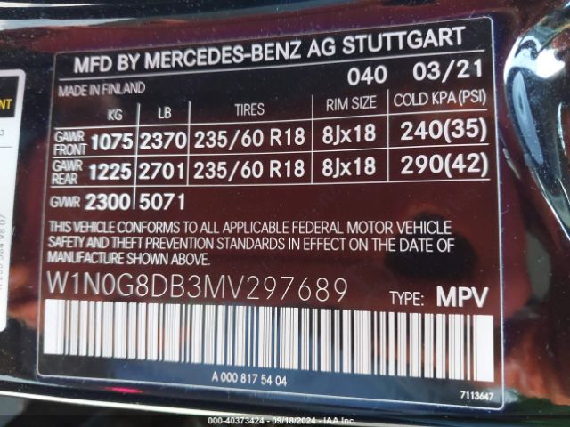 W1N0G8DB3MV297689 Mercedes-Benz Glc 300 Suv