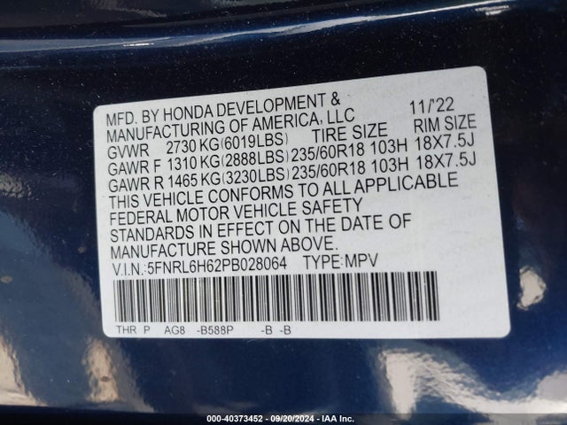 Honda Odyssey Ex-l 2023 5FNRL6H62PB028064 Image 9
