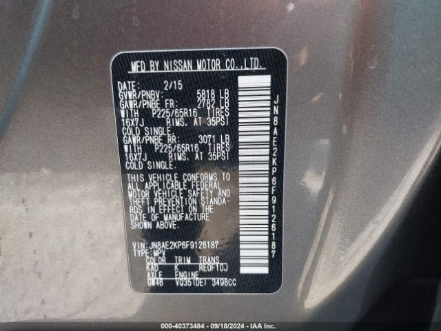 JN8AE2KP6F9126187 Nissan Quest Platinum/s/sl/sv