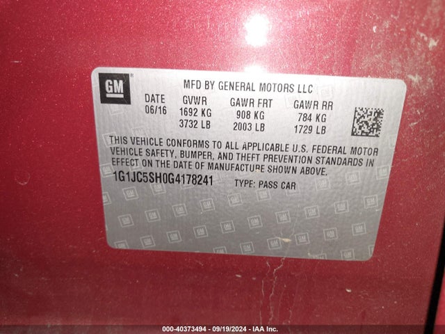 Chevrolet Sonic Lt Auto 2016 1G1JC5SH0G4178241 Image 9