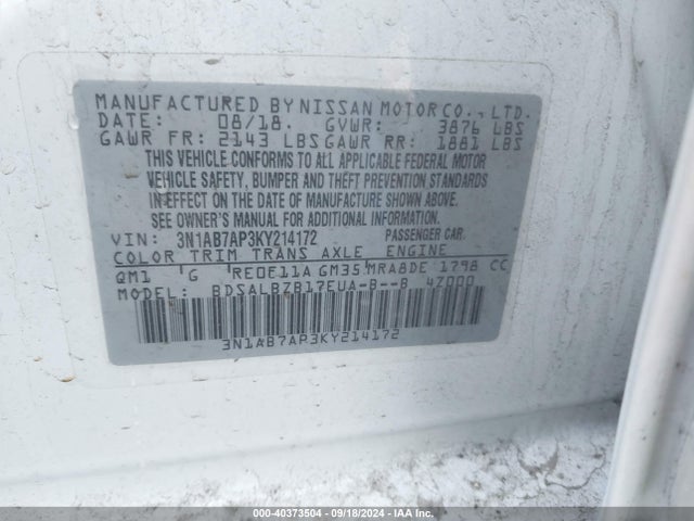 Nissan SENTRA S 2019 3N1AB7AP3KY214172 Image 9