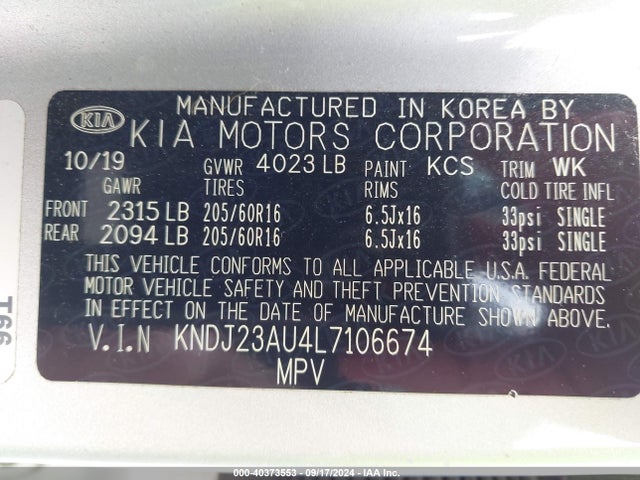 KIA SOUL LX 2020 KNDJ23AU4L7106674 Image 9