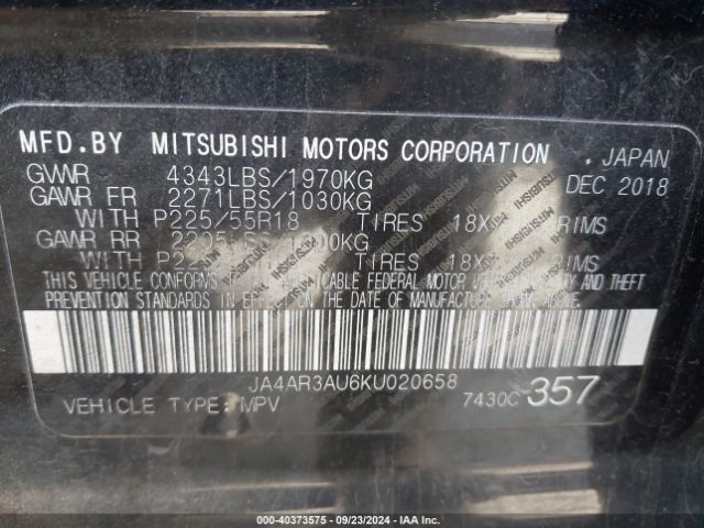 JA4AR3AU6KU020658 Mitsubishi Outlander Sport 2.0 Sp