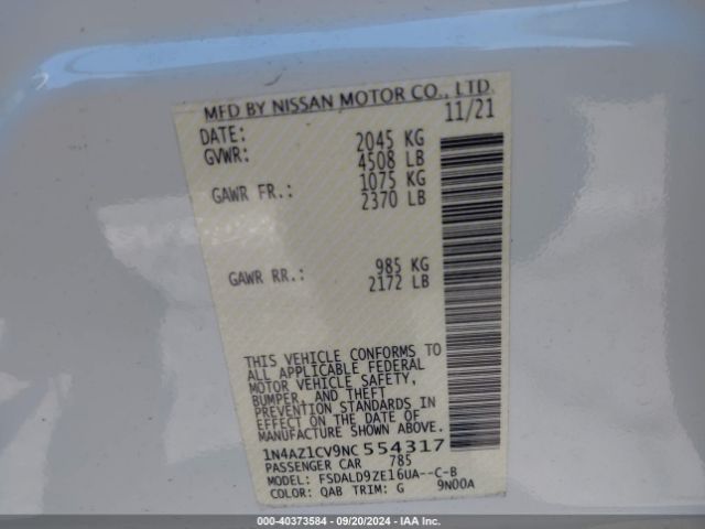 1N4AZ1CV9NC554317 Nissan Leaf Sv 40 Kwh