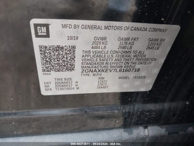 2GNAXKEV7L6160718 Chevrolet Equinox Fwd Lt 1.5l Turbo