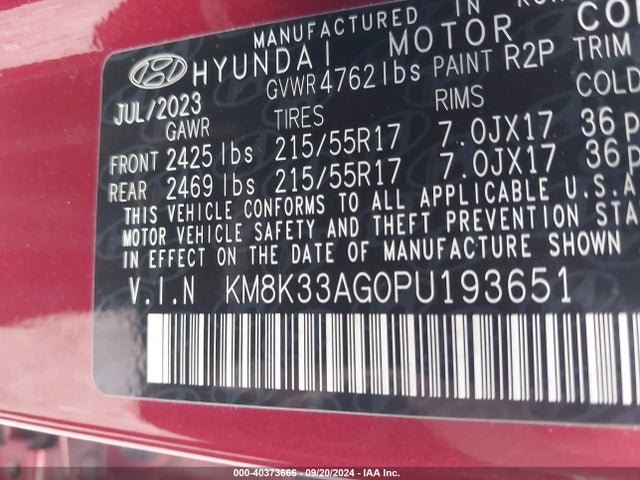 KM8K33AG0PU193651 Hyundai Kona Electric Sel