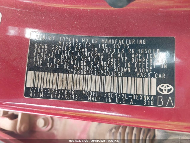 Toyota Corolla Le Plus 2016 5YFBURHE1GP403860 Image 9