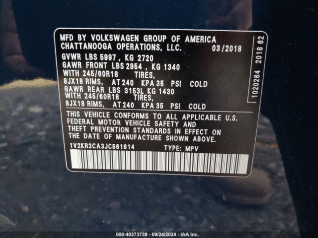 1V2KR2CA3JC561614 Volkswagen Atlas 3.6l V6 Se
