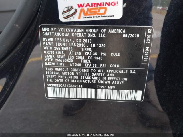 1V2WR2CA1KC567544 Volkswagen Atlas 3.6l V6 Se W/technology