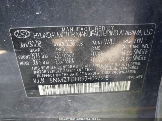 5NMZTDLB9JH097915 Hyundai Santa Fe Sport 2.4l