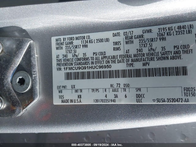 Ford ESCAPE SE 2017 1FMCU9G91HUC96950 Image 9