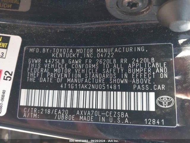 Toyota CAMRY SE 2022 4T1G11AK2NU051481 Image 9