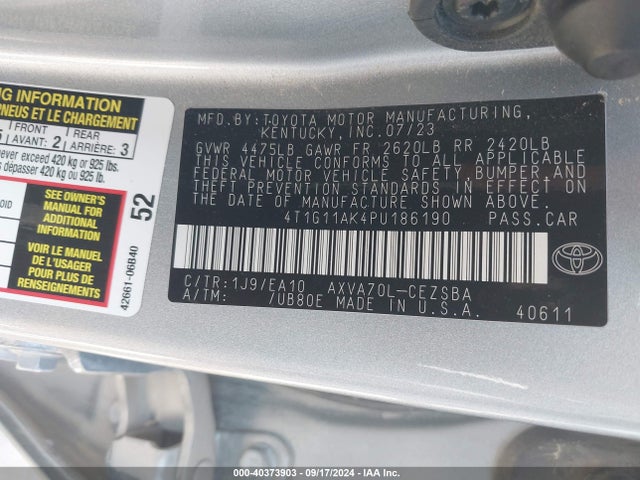 Toyota CAMRY SE 2023 4T1G11AK4PU186190 Image 9