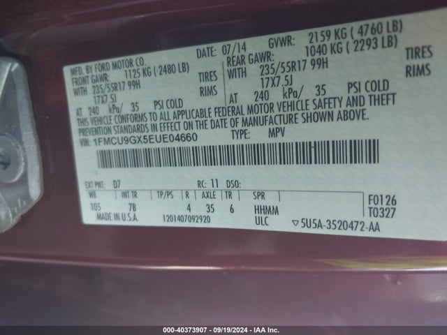Ford ESCAPE SE 2014 1FMCU9GX5EUE04660 Image 9