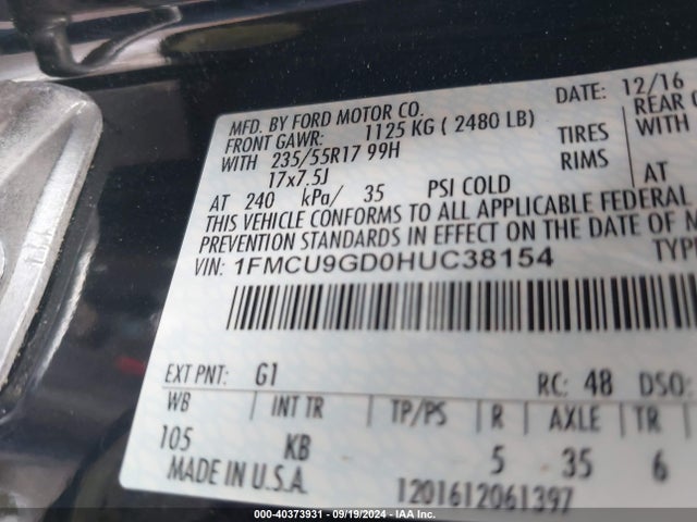 Ford ESCAPE SE 2017 1FMCU9GD0HUC38154 Image 9