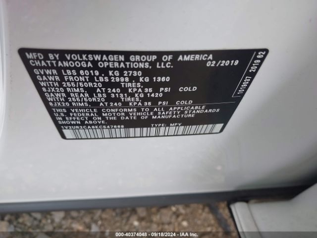 1V2UR2CA8KC547668 Volkswagen Atlas 3.6l V6 Se W/technology