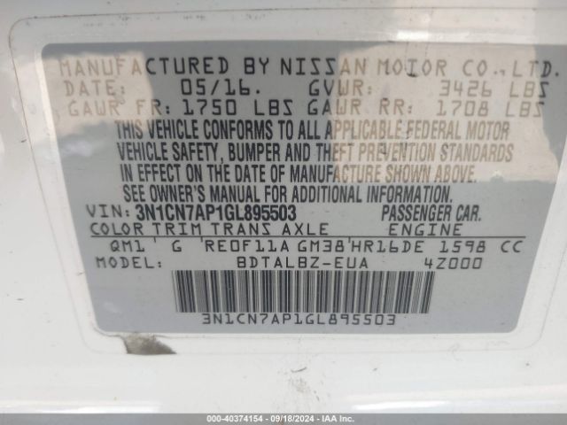 3N1CN7AP1GL895503 Nissan Versa 1.6 S/1.6 S+/1.6 Sl/1.6 Sv