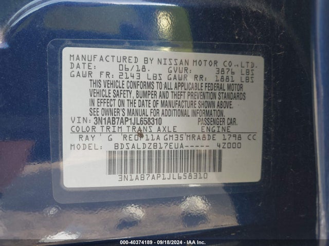 Nissan SENTRA SV 2018 3N1AB7AP1JL658310 Image 9