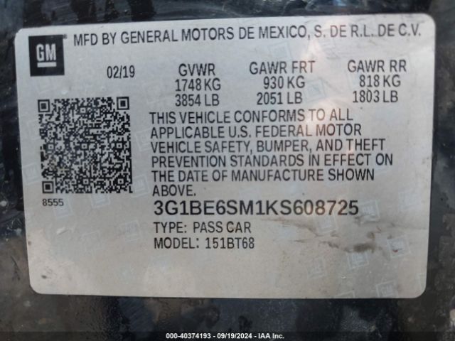 3G1BE6SM1KS608725 Chevrolet CRUZE LT