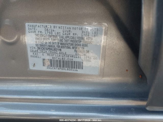 3N1CN7AP0HL802116 Nissan Versa 1.6 S/1.6 S+/1.6 Sl/1.6 Sv