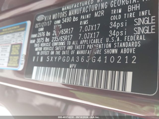 5XYPGDA36JG410212 KIA Sorento 2.4l Lx