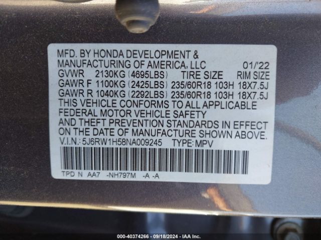 5J6RW1H58NA009245 Honda Cr-v 2wd Ex