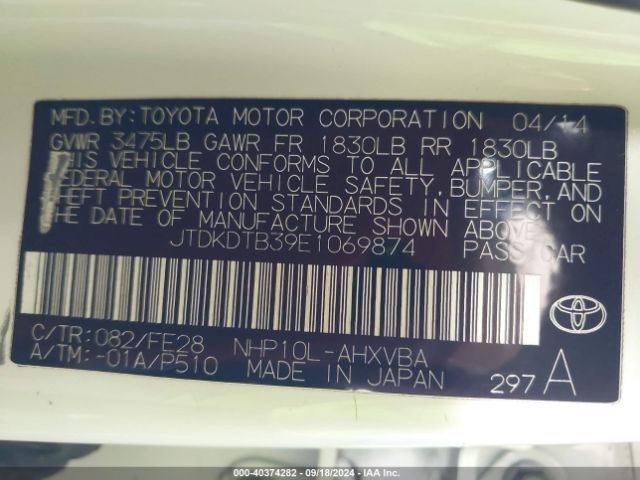 JTDKDTB39E1069874 Toyota Prius C One