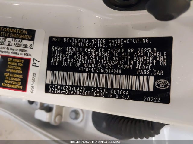 Toyota CAMRY XLE 2016 4T1BF1FK3GU544948 Image 9