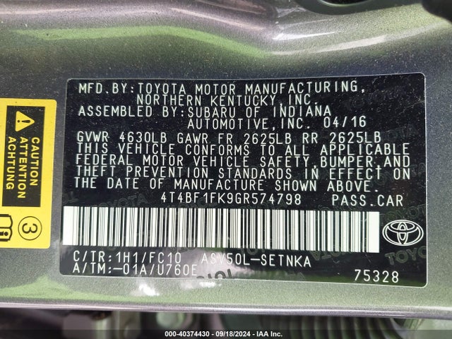 Toyota CAMRY LE 2016 4T4BF1FK9GR574798 Image 9