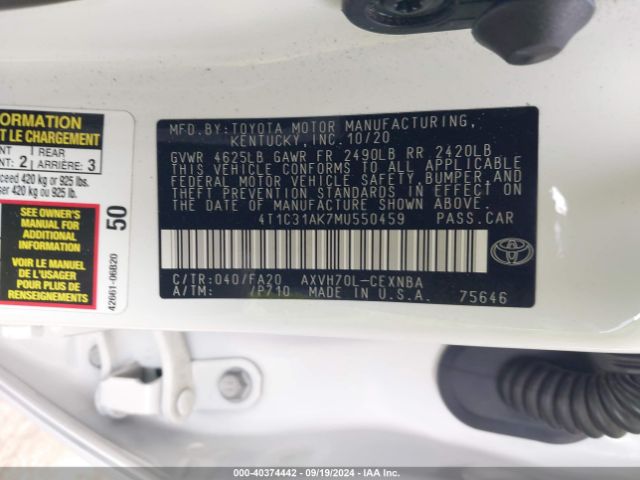 4T1C31AK7MU550459 Toyota Camry Le Hybrid