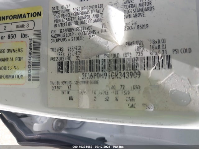 Ford FUSION SE 2016 3FA6P0H91GR343909 Image 9