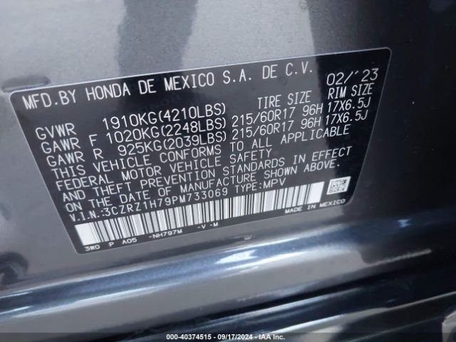3CZRZ1H79PM733069 Honda Hr-v 2wd Ex-l