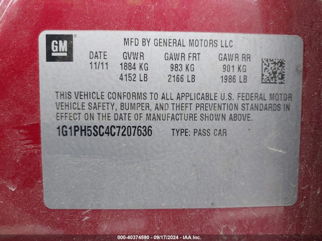 Продаж на аукціоні авто 2012 Chevrolet Cruze Ltz, vin: 1G1PH5SC4C7207636, номер лоту: 40374590