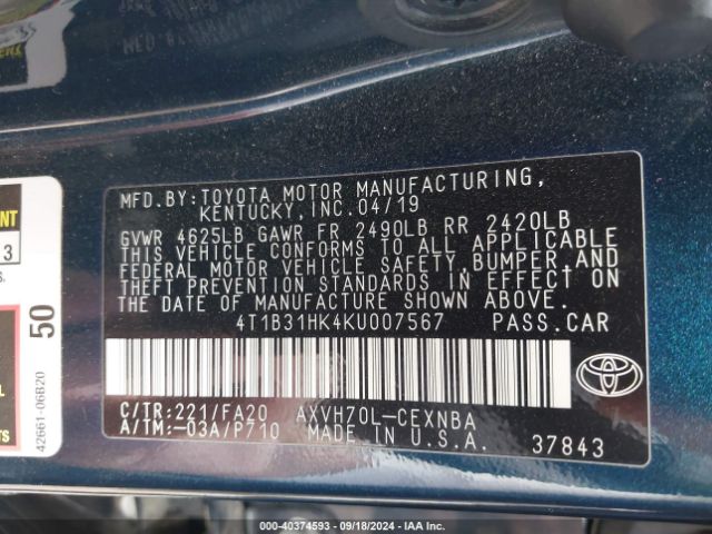 4T1B31HK4KU007567 Toyota Camry Hybrid Le
