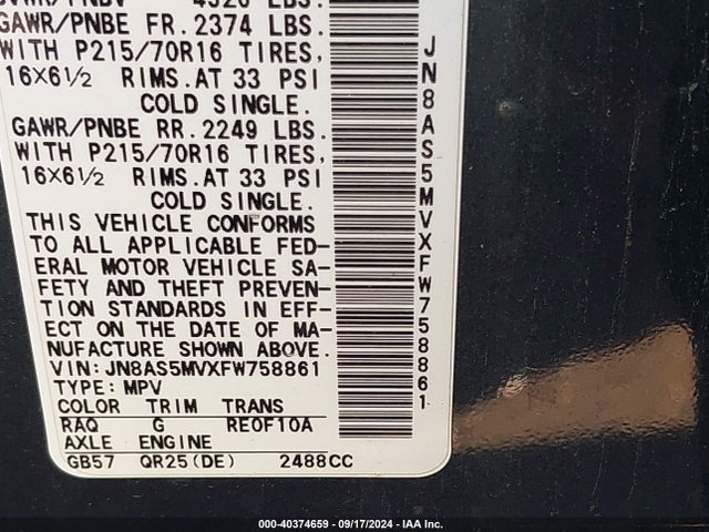 Nissan Rogue Select S 2015 JN8AS5MVXFW758861 Image 9