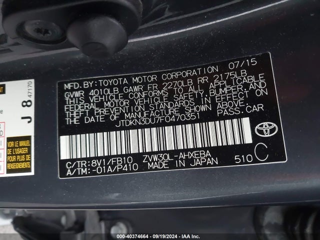 Toyota Prius Two 2015 JTDKN3DU7F0470351 Image 9